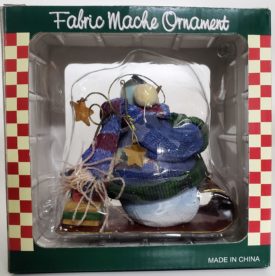 Vintage Design Fabric Mache Roly Poly Ornament Sledding Snowman 5.5 Inch