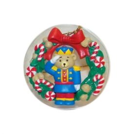 Vintage 1991 Santas Best Salute Teddy Bear Soldier Wreath Christmas Ornament