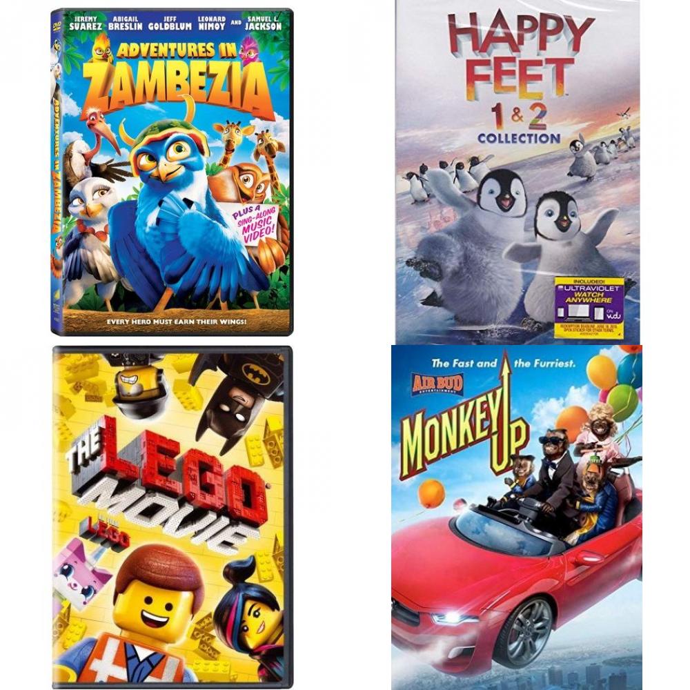 DVD Children's Movies 4 Pack Fun Gift Bundle: Adventures in Zambezia, Happy Feet 1 & 2, The Lego Movie, Monkey Up
