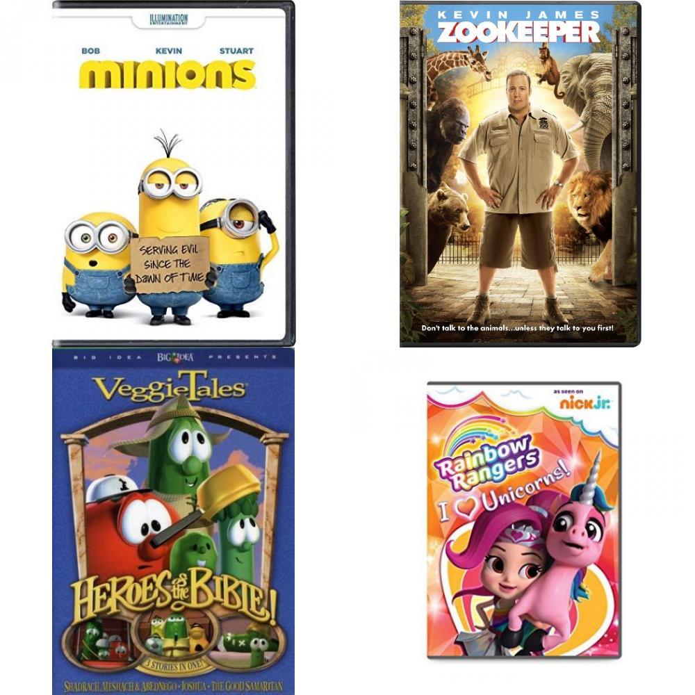 DVD Children's Movies 4 Pack Fun Gift Bundle: Minions, Zookeeper, BIBLE HEROES: STAND UP! STAND TALL! STAND STRONG!, Rainbow Rangers: I Heart Unicorns