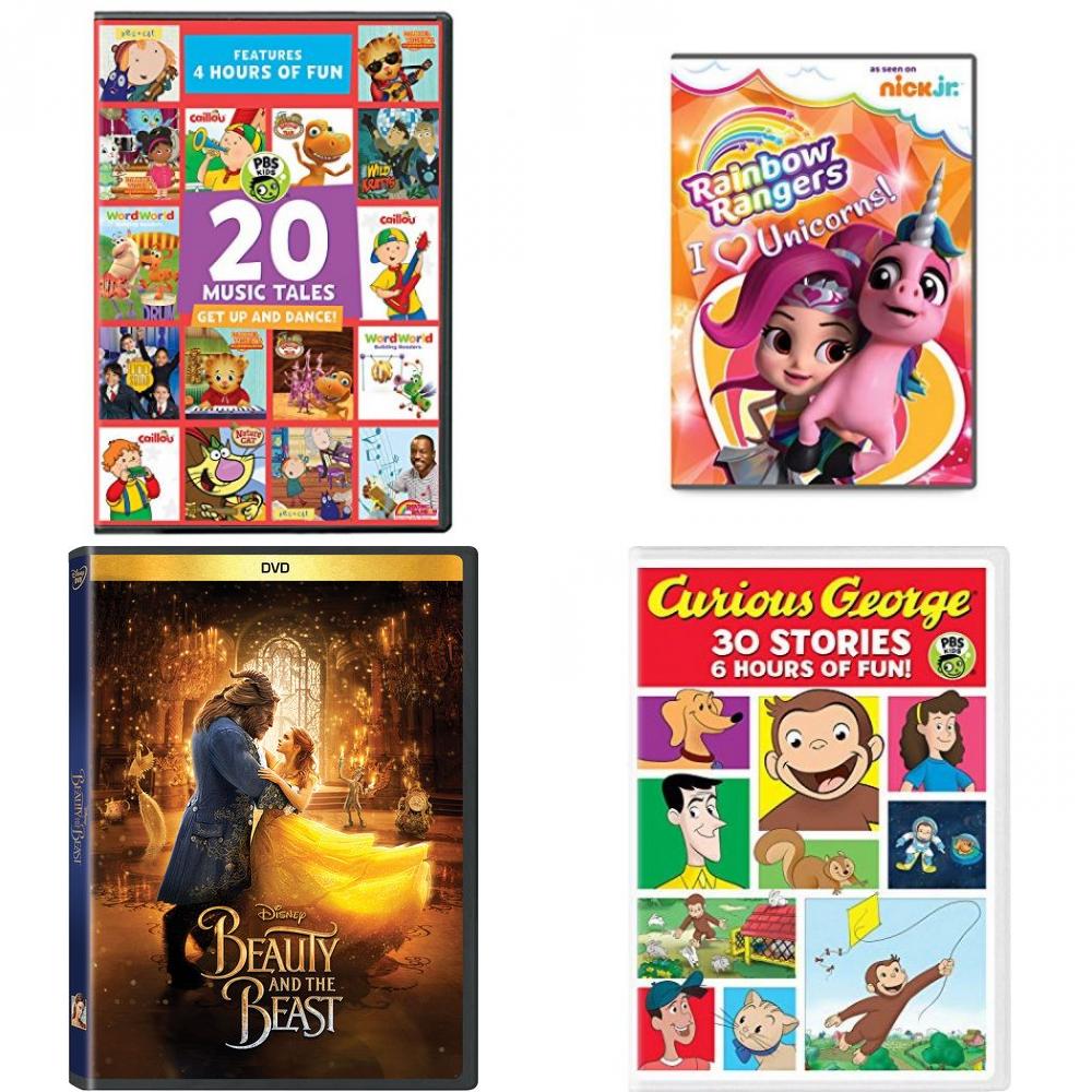 DVD Children's Movies 4 Pack Fun Gift Bundle: PBS KIDS: 20 Music Tales, Rainbow Rangers: I Heart Unicorns, BEAUTY AND THE BEAST, Curious George 30-Story Collection
