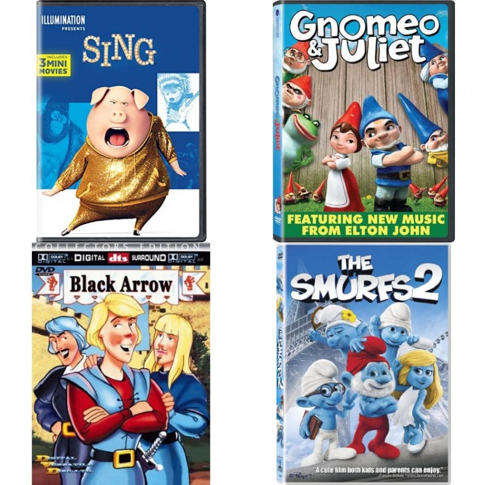 DVD Children's Movies 4 Pack Fun Gift Bundle: Sing, Gnomeo & Juliet, Black Arrow, The Smurfs 2