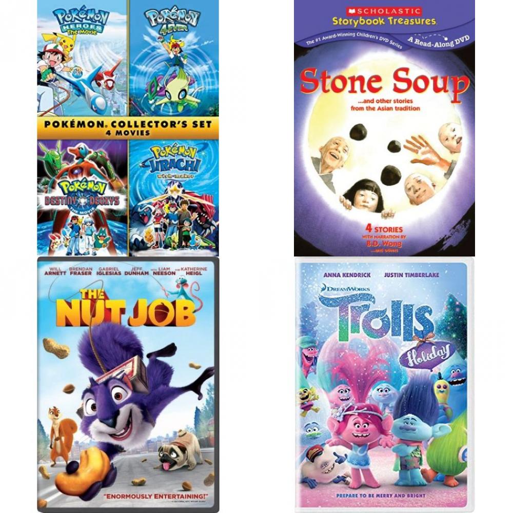 DVD Children's Movies 4 Pack Fun Gift Bundle: Pokémon 4 Movie Collection, Stone Soup and other stories from the Asian Tradition, The Nut Job, Trolls Holiday