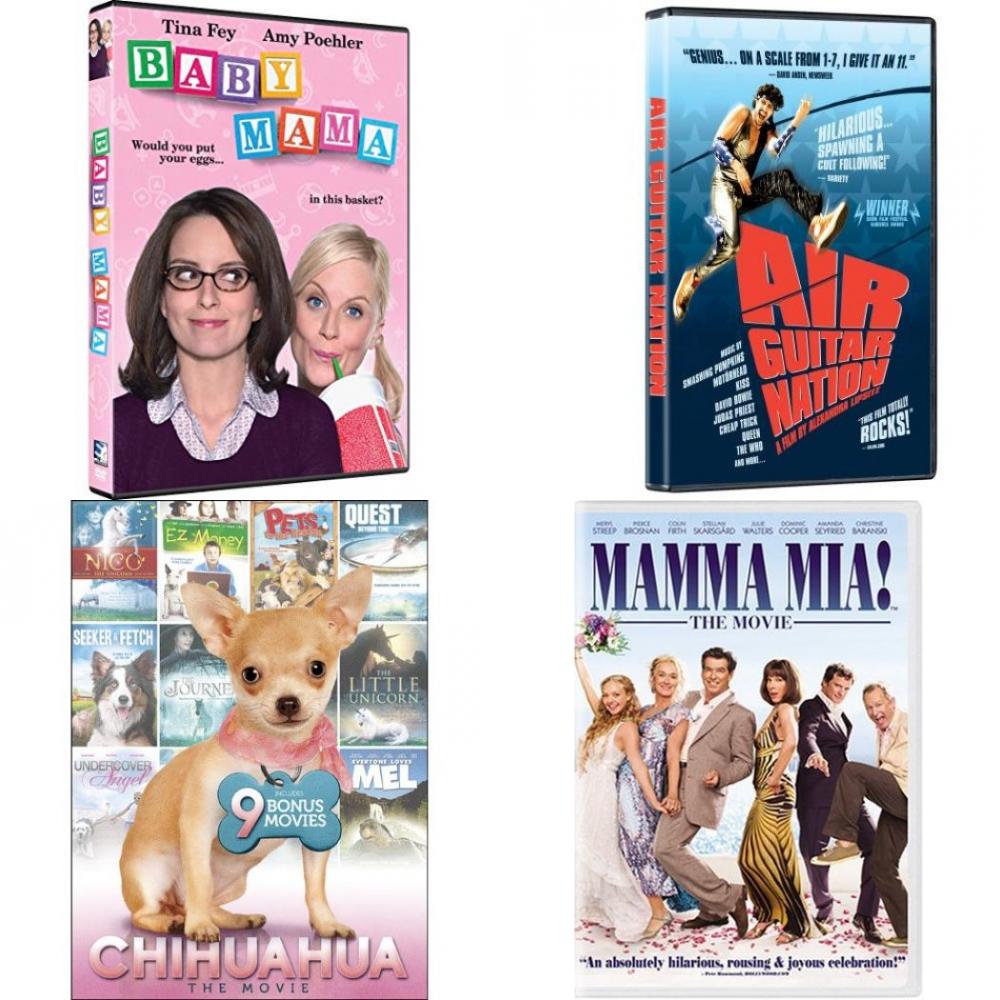 DVD Comedy Movies 4 Pack Fun Gift Bundle: Baby Mama Air Guitar Nation 10-Movie Family Collection V.4 Mamma Mia! The Movie Full Screen