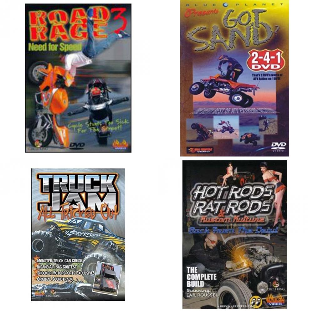 Auto, Truck & Cycle Extreme Stunts & Crashes 4 Pack Fun Gift DVD Bundle: Road Rage Vol. 3 - Need for Speed Got Sand? by Blue Planet Truck Jam: All Tricked Out Hot Rods, Rat Rods & Kustom Kulture: Back from the Dead - The Complete Build