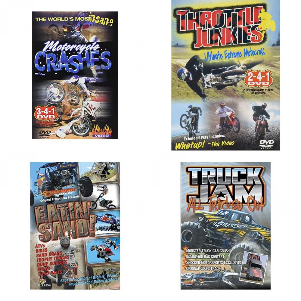 Auto, Truck & Cycle Extreme Stunts & Crashes 4 Pack Fun Gift DVD Bundle: The Worlds Most Insane Motorcycle Crashes: Get Off / Road Racing Crash And Trash / Bonzai Blackwater Throttle Junkies Eatin Sand! Truck Jam: All Tricked Out