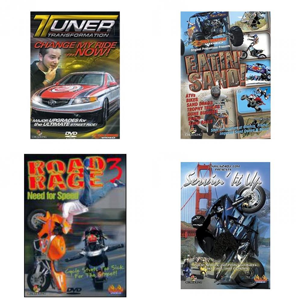 Auto, Truck & Cycle Extreme Stunts & Crashes 4 Pack Fun Gift DVD Bundle: Tuner Transformation: Change My Ride Now Eatin Sand! Road Rage Vol. 3 - Need for Speed Servin It Up