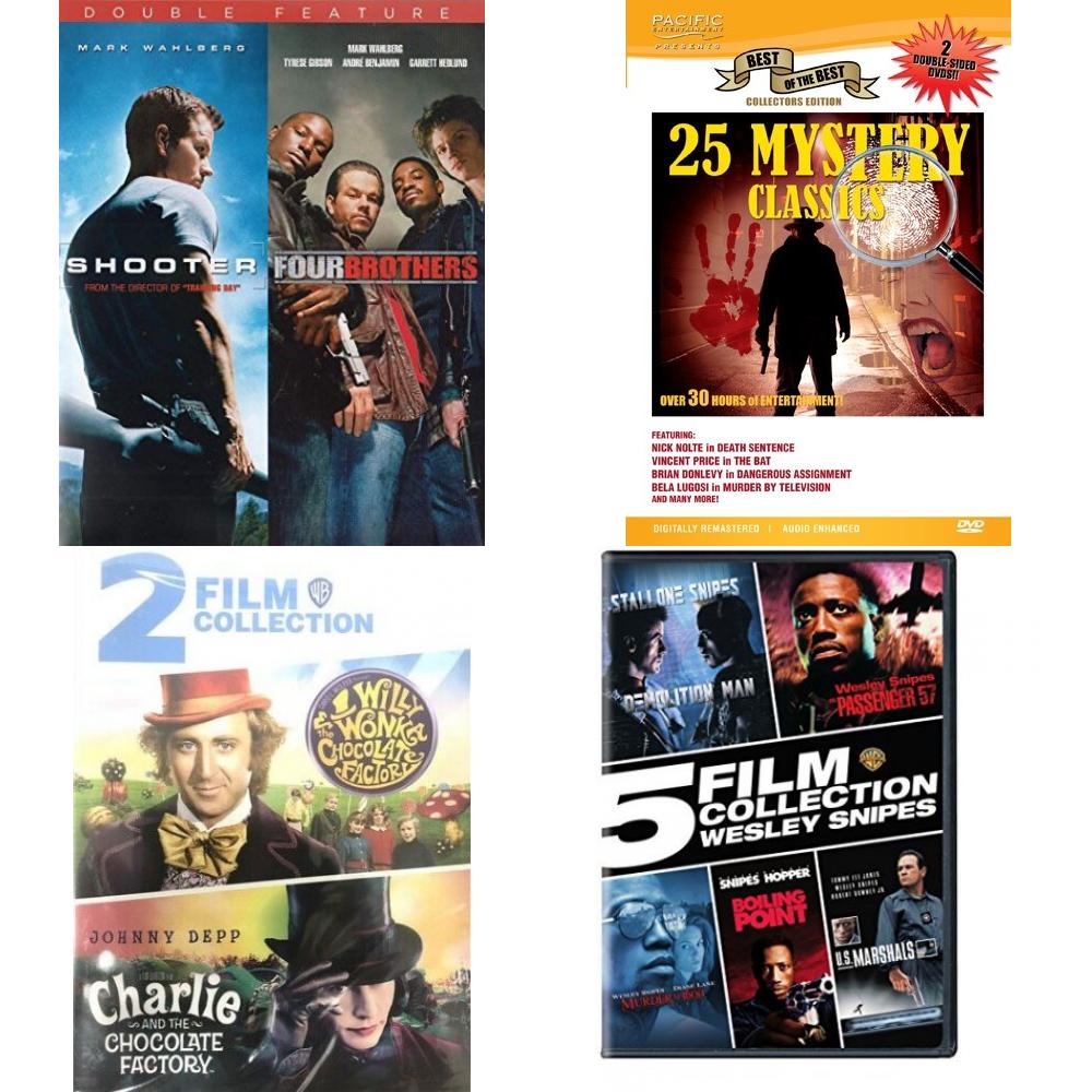 DVD Assorted Multi-Feature Movies 4 Pack Fun Gift Bundle: 2 Movies: Shooter / Four Brothers 25 Mystery Classics 2 Movies: Willy Wonka and the Chocolate Factory / Charlie and the Chocolate Chocolate Factory 5 Movies: Wesley Snipes Collection