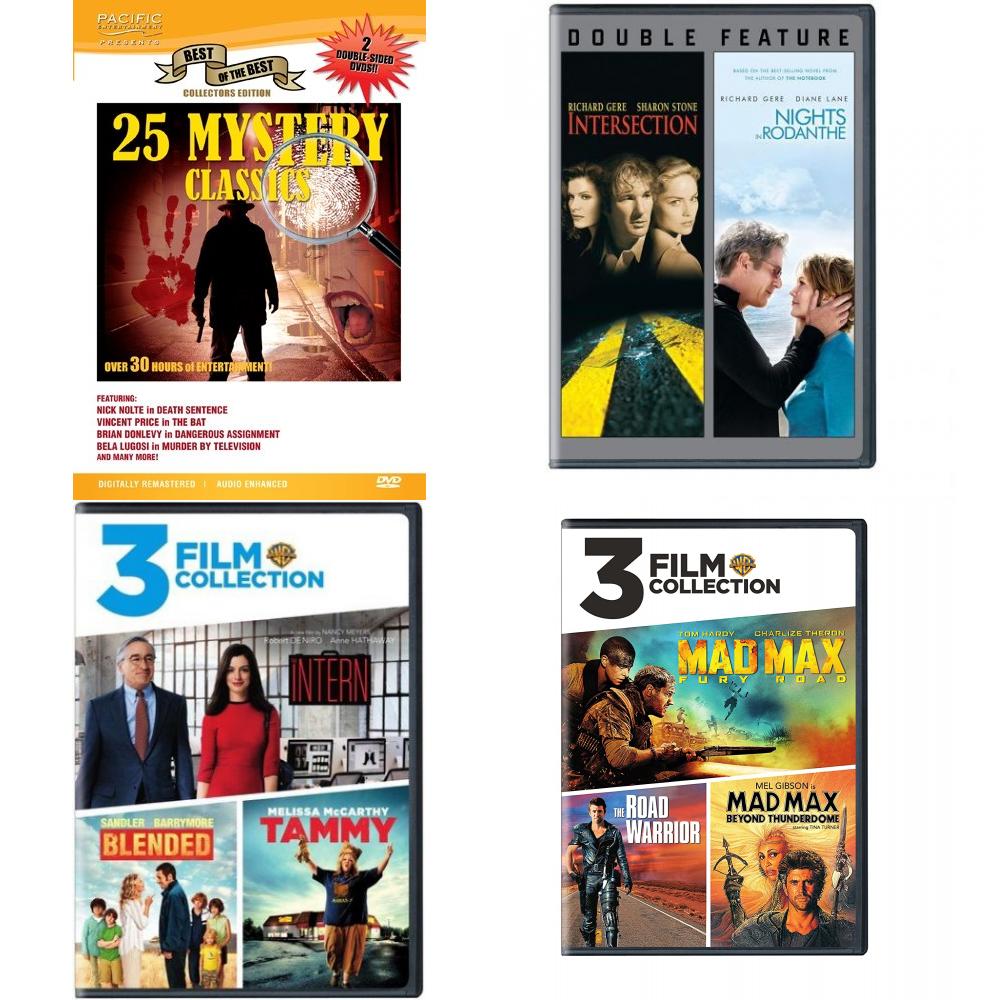 DVD Assorted Multi-Feature Movies 4 Pack Fun Gift Bundle: 25 Mystery Classics 2 Movies: Intersection / Nights in Rodanthe 3 Movies: Intern / Tammy / Blended 3 Movies: Mad Max Fury Road, Road Warrior, Beyong Thunderdome