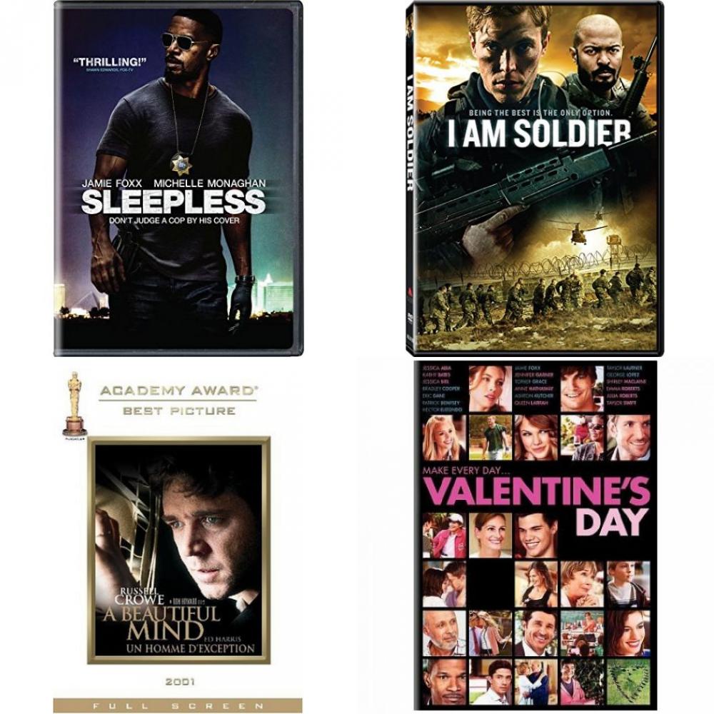DVD Assorted Movies 4 Pack Fun Gift Bundle: Sleepless, I Am Soldier, A Beautiful Mind, Valentines Day