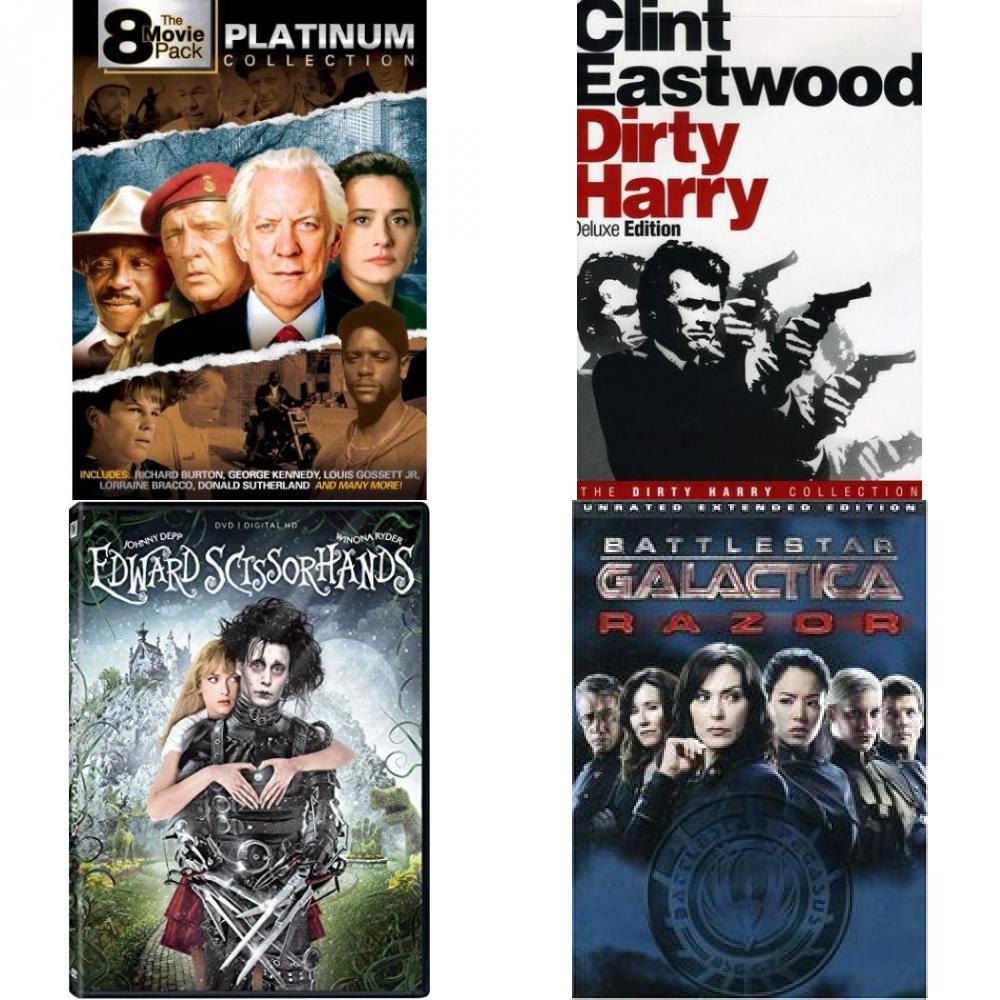 DVD Assorted Movies 4 Pack Fun Gift Bundle: Platinum Collection, Dirty Harry: Deluxe Edition, Edward Scissorhands: 25th Anniversary, BATTLESTAR GALACTICA - RAZOR