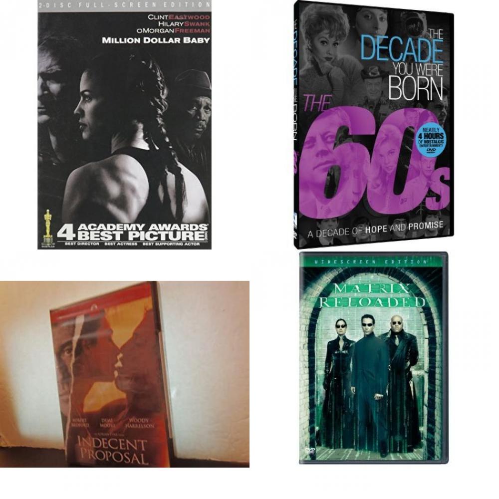 DVD Assorted Movies 4 Pack Fun Gift Bundle: Million Dollar Baby, The Decade You Were Born - 1960s, Indecent Proposal, The Matrix Reloaded