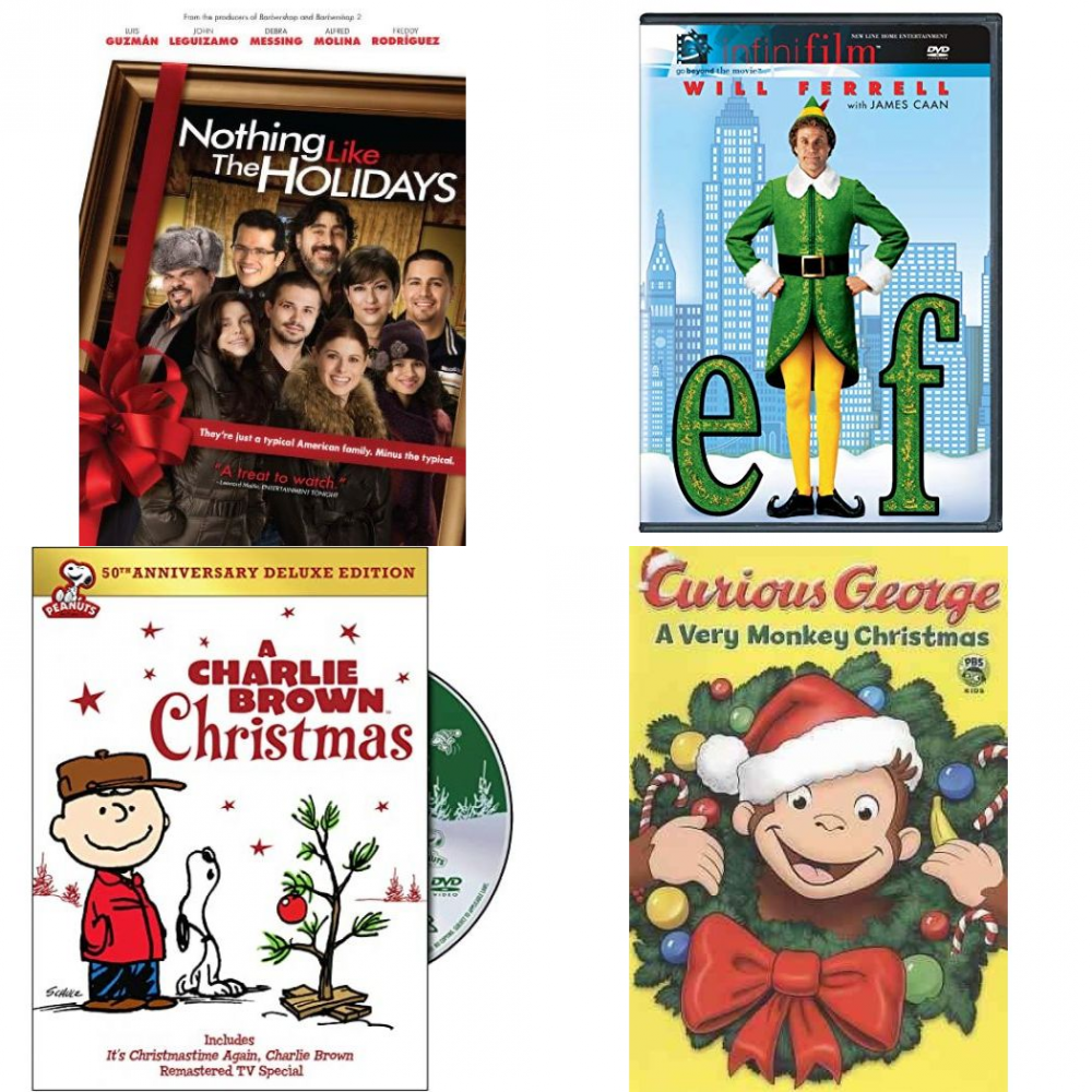 Christmas Holiday Movies DVD 4 Pack Assorted Bundle: Nothing Like the Holidays, Elf, A Charlie Brown Christmas, Curious George: A Very Monkey Christmas
