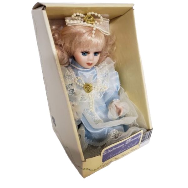 Vintage Victorian Beauty Porcelain 8" Doll Blue & Lace Victorian Dress Blonde, Blue Eyes - Image 3