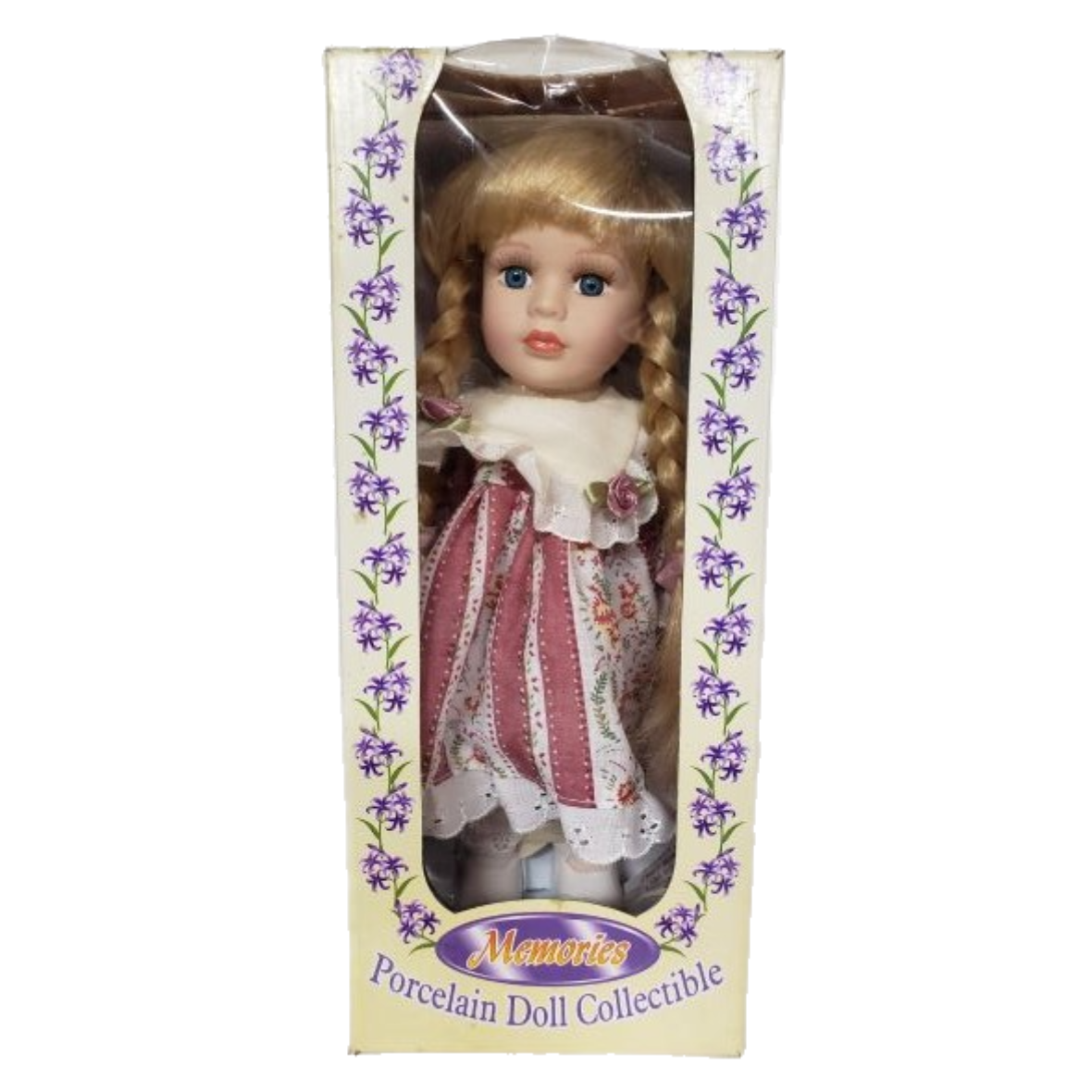 Vintage 1999 Collectible Memories Porcelain Doll 11" Mauve Rose Prairie Dress, Strawberry Blonde, Blue Eyes - Image 3