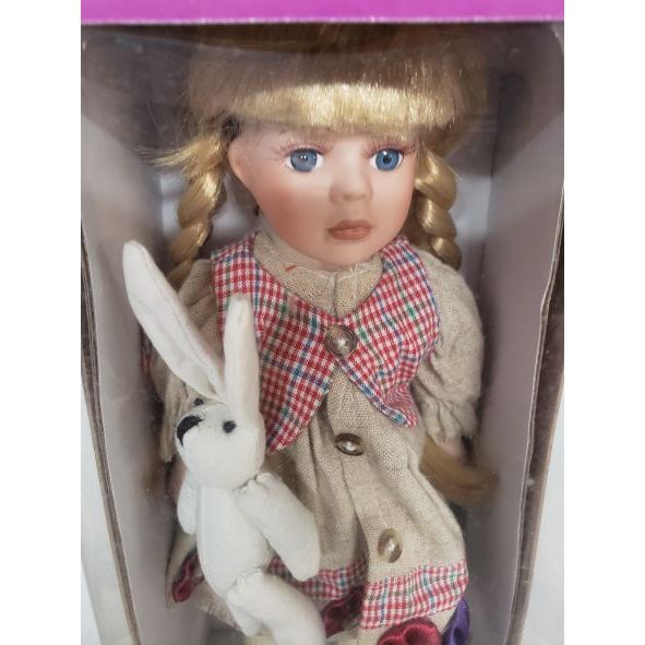 Vintage Limited Edition Hollylane Porcelain 10" Doll Western Prairie Dress, Bunny, Strawberry Blonde Braids, Blue Eyes