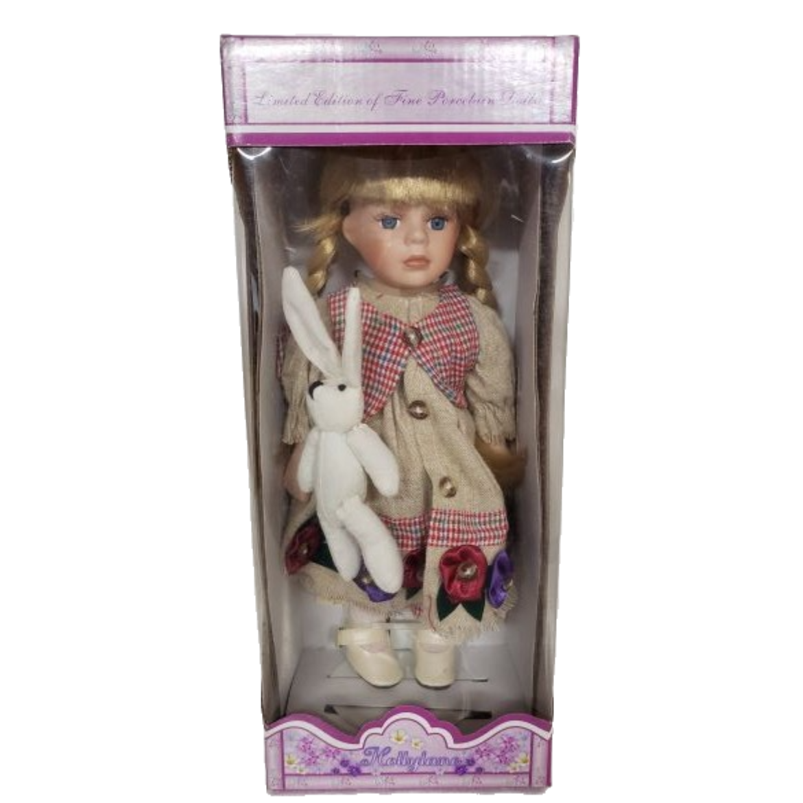 Vintage Limited Edition Hollylane Porcelain 10" Doll Western Prairie Dress, Bunny, Strawberry Blonde Braids, Blue Eyes - Image 3