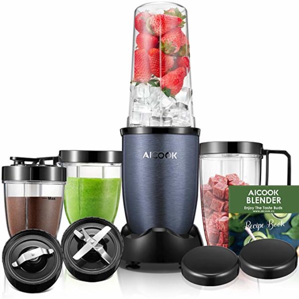 Blender, Aicook Smoothie Blender, 780W High-Speed Personal Blender, 15-Piece Smoothie Maker/Mixer Included 4-Piece BPA-Free Blender Bottles, Two SUS 304 Stainless Steel Blades, Charcoal Grey`