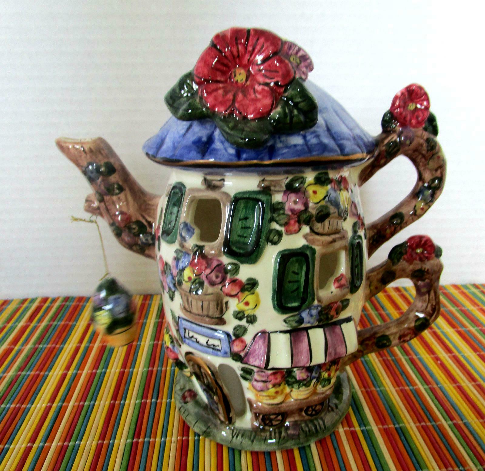 Elements Ceramic Flower Shop Tea Light Teapot Shaped House 8 High 4