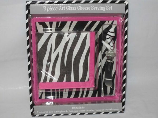 Boston Warehouse 3 Piece Zebra Art Glass Cheese Serving Set
