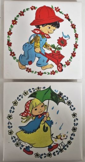 Vintage Circa 1980s Jasco Ceramic Tile Trivets Boy/Girl Set of 2