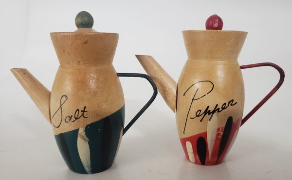 Vintage Foreign Wood Pitcher Green & Red Salt & Pepper Shakers - Image 3
