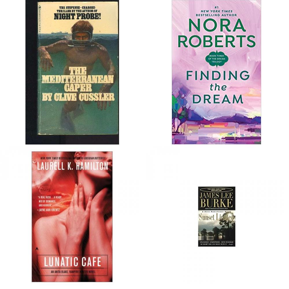 Assorted Novels Paperback Book Bundle (4 Pack): The Mediterranean Caper Mass Market Paperback, Finding the Dream Dream Trilogy Mass Market Paperback, The Lunatic Cafe Anita Blake, Vampire Hunter, Book 4 Mass Market Paperback, Sunset Limited Dave Robicheaux Mass Market Paperback