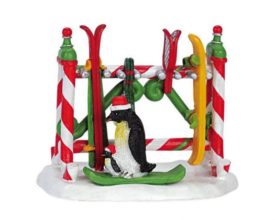 Lemax 2006 North Pole Ski Rack Candy cane Penguins Mom & Baby