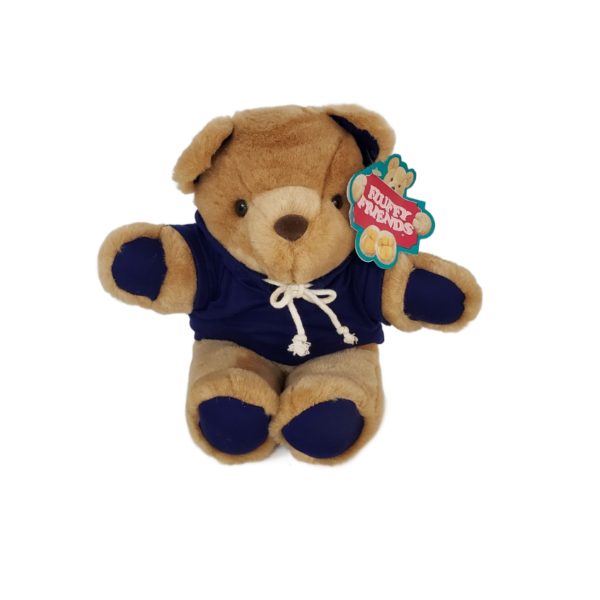 1997 Fluffy Friends Tan Teddy Bear w/ Blue Drawstring Hoodie 12" - Image 4