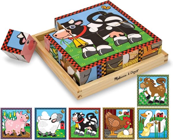 Melissa & Doug Farm Wooden Cube Puzzle With Storage Tray - 6 Puzzles in 1 (16 pieces)