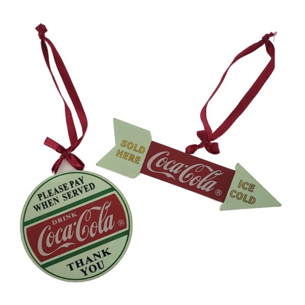 Coca-Cola Signs Wooden Ornament Set Arrow 5" & Round 3" Vintage Green - Image 3