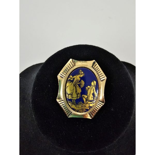 Vintage Gold Tone Blue Victorian Couple Proposing Marriage Brooch Pin - Image 3