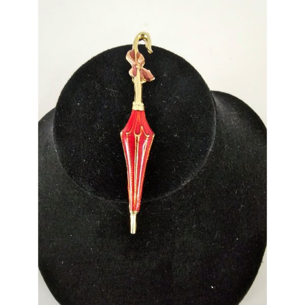 Vintage Gold Tone Red Enamel Umbrella Brooch Pin 2.75 Inch - Image 3