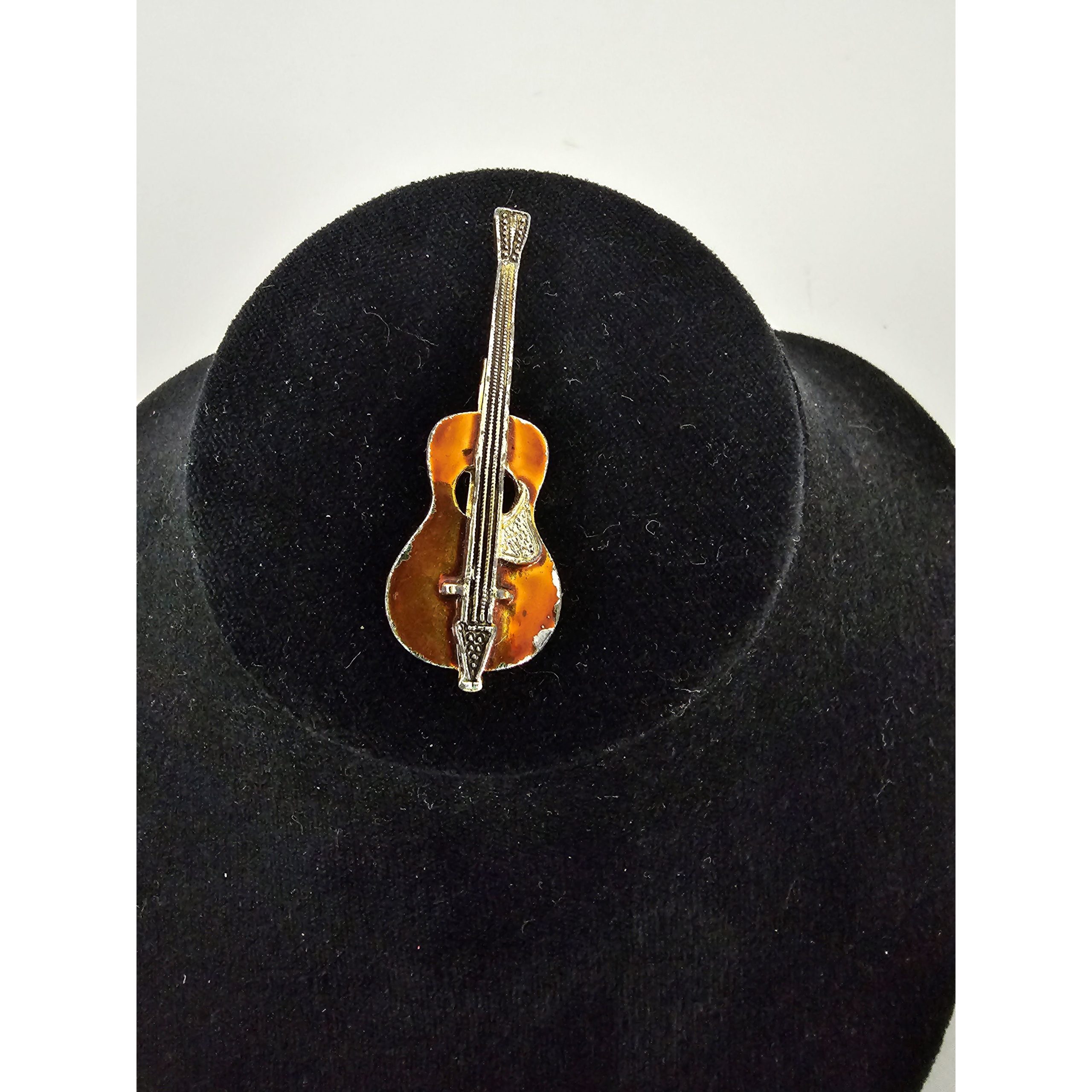 Vintage Brown Enamel Gold Tone Acoustic Guitar Brooch Pin 2 Inch - Image 3