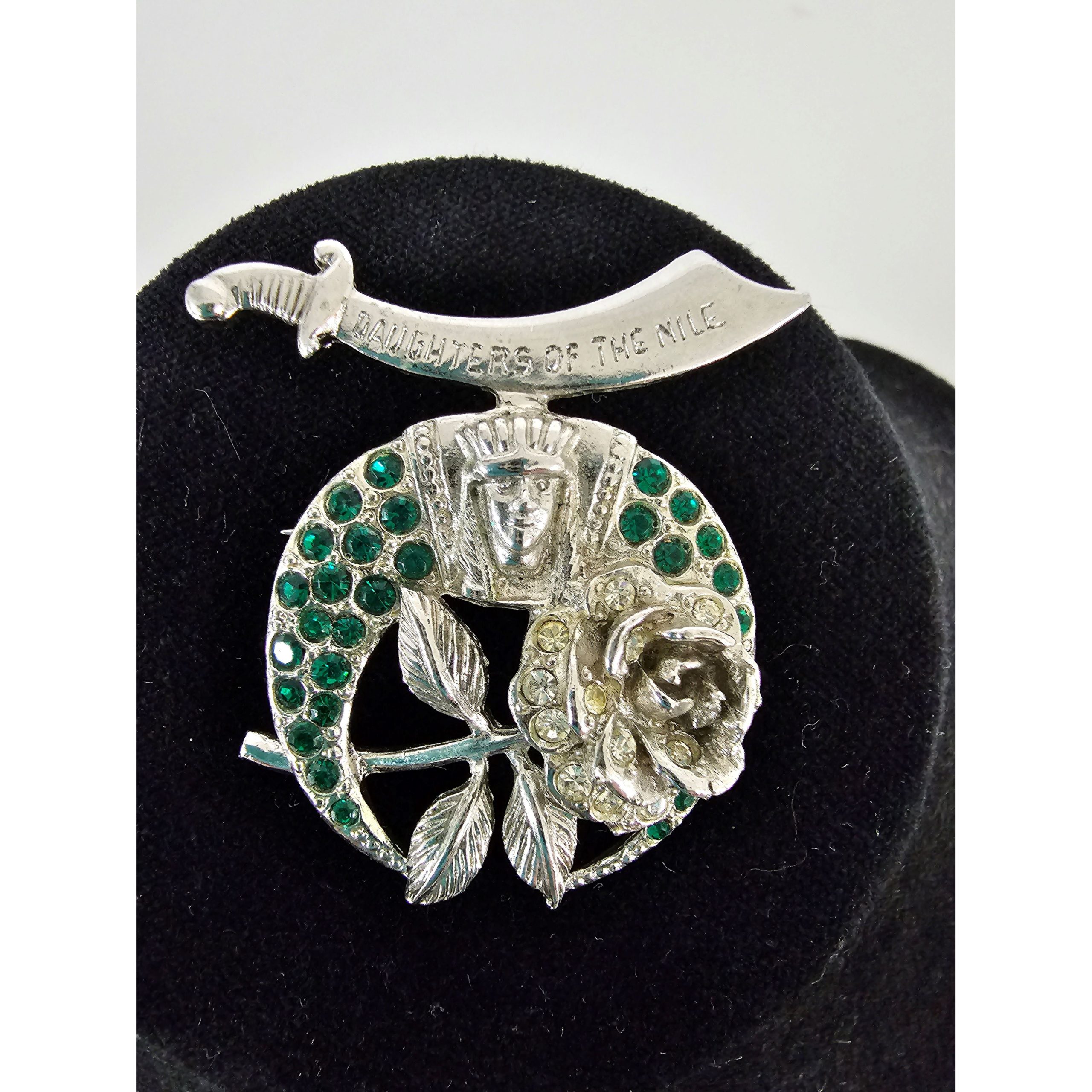 Vintage Shriner Daughters of the Nile Silver Tone & Green Rhinestone Scimitar Brooch by ORA