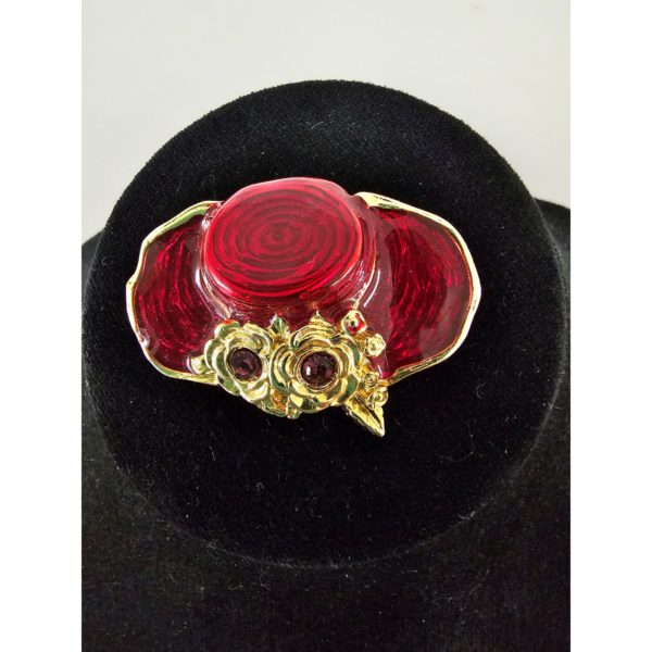 Vintage JJI Red Hat Society Brooch Pin Enamel Rhinestone Jupiter Jewelry - Image 3