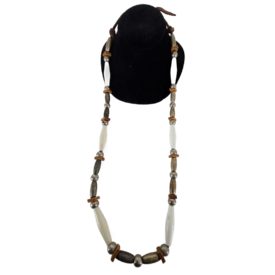 Vintage White & Silver Bead Leather Necklace 26 Inch