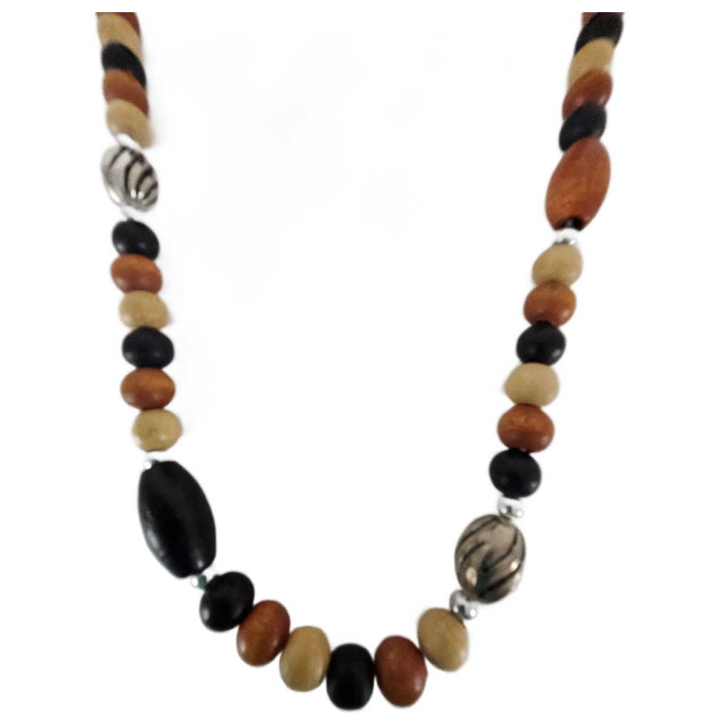 Black, Brown, Tan Natural Style Wood & Silvertone Bead Necklace 36 Inch - Image 3