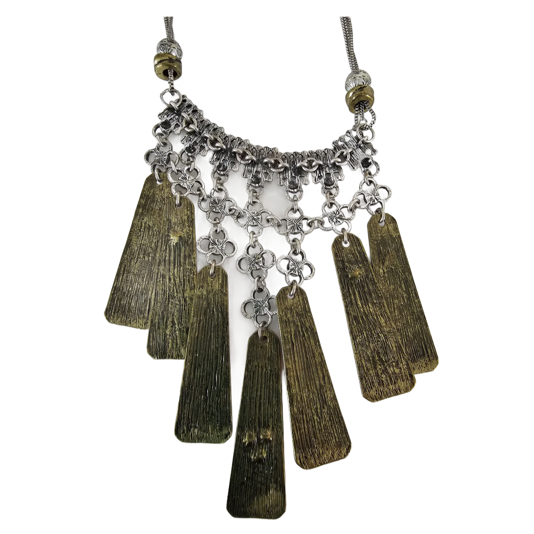 Vintage Indian Aztec Hieroglyphic Brass & Silver Tone Medallion Necklace 34 Inch - Image 3