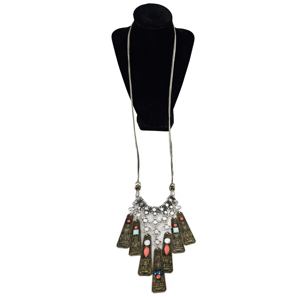 Vintage Indian Aztec Hieroglyphic Brass & Silver Tone Medallion Necklace 34 Inch - Image 4