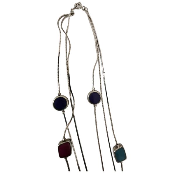Vintage Triple Strand Purple, Pink, Green Resin Beads Silver Tone Necklace 22 Inch - Image 3
