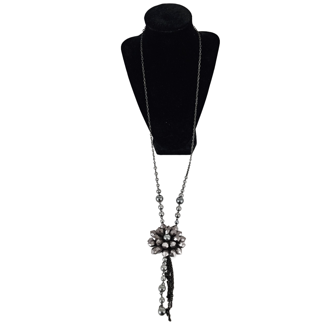 Vintage Gunmetal Gray Beaded Flower w/Tassels Black Chain Necklace 34 Inch - Image 3
