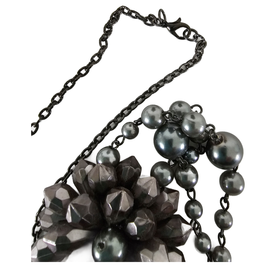 Vintage Gunmetal Gray Beaded Flower w/Tassels Black Chain Necklace 34 Inch - Image 4