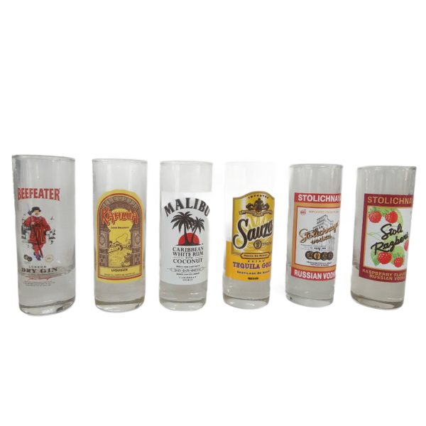 ARC Int'l Shooters Shot Glass Set of 6 Branded Malibu Kahlua Sauza Beefeater Gin Stolichnaya 2 oz. - Image 3