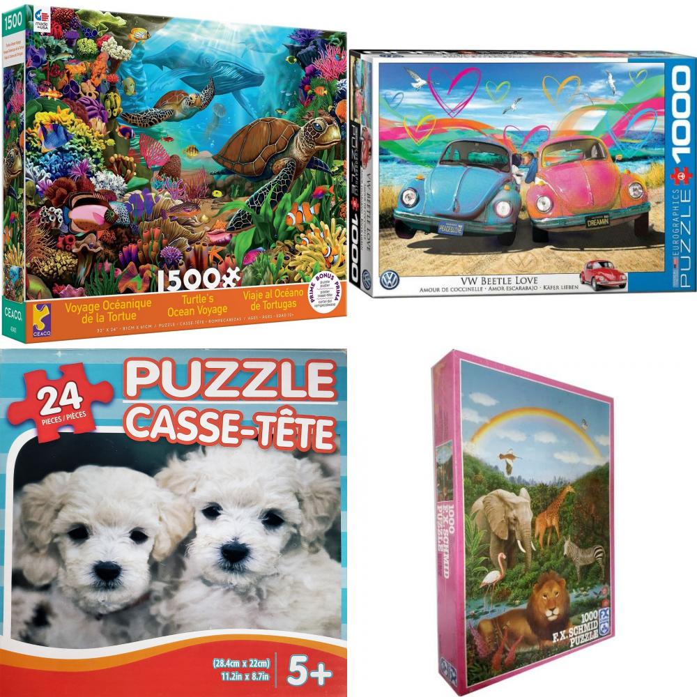 Assorted Puzzles 4 Pack Bundle: Turtles Ocean Voyage Jigsaw Puzzle, 1500 Pieces, VW Beetle Love 1000 Piece Jigsaw Puzzle, White Terrier Puppies 24 Piece Puzzle, F.X. Schmid Animal Paradise Jigsaw Puzzle 1000 Piece
