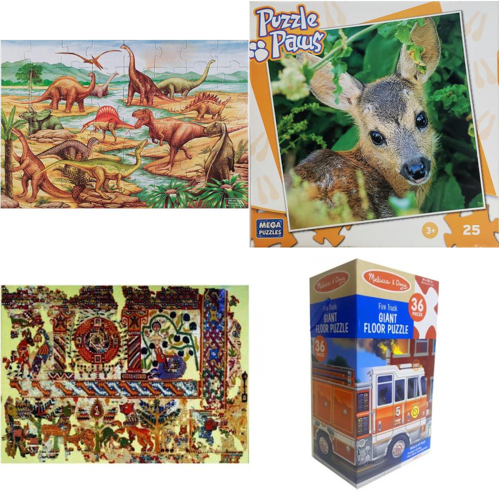 Assorted Puzzles 4 Pack Bundle: Melissa & Doug 48pc Floor Puzzle - Dinosaur, Mega Brands #51011ABN Puzzle Paws Baby Deer Fawn 25 Piece, Coptic Art - The Triumph of Faith 1000 Piece Jigsaw Puzzle, M&D Giant Fire Truck Floor Puzzle 36 Pieces 34 x 22 Ages 3+