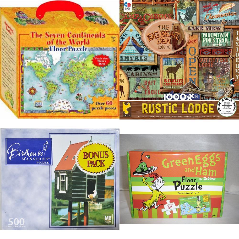 Assorted Puzzles 4 Pack Bundle: The Seven Continents of the World Floor Puzzle, Ceaco Rustic Lodge Collection Rustic Signs Jigsaw Puzzle, 1000 Pieces, Birdhouse Mansions Puzzle Welcome Home 500 Piece Puzzle, Green Eggs and Ham by Dr. Seuss Floor Puzzle, 27x17
