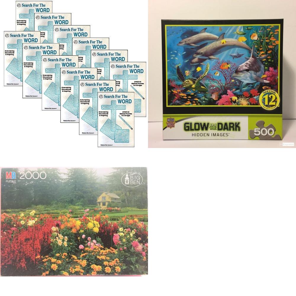 Assorted Puzzles 4 Pack Bundle: Bulk Lot Bundle Qty 12 Search For The Word Biblical Crossword Puzzle Books, Sea Serenity Glow In The Dark Hidden Images 500 Piece Jigsaw Puzzle Dolphins, Super Big Ben Shore Acres State Park Oregon 2000 piece puzzle by Milton Bradley by Milton Bradley, Bob the Builder 24 Piece Jigsaw Puzzle