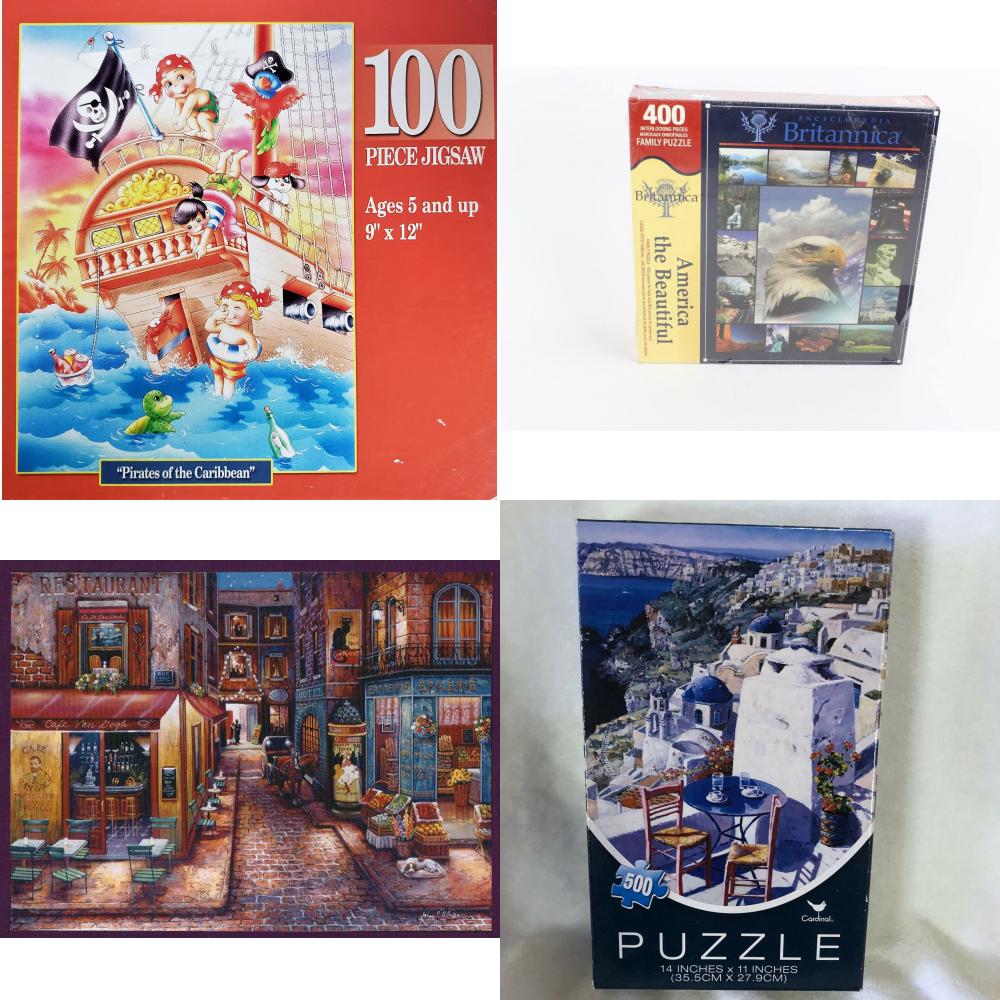 Assorted Puzzles 4 Pack Bundle: Pirates of the Caribbean Kids 100 Piece Jigsaw Puzzle, Springbok America The Beautiful Family Jigsaw Puzzle, 300 Piece Puzzle Cafe Van Gogh EZ GRASP, 500 Piece Jigsaw Puzzles Table for Two with Ocean View