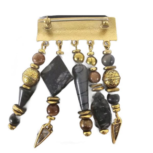 Vintage 1990's Gold Tone Tribal Bar Beaded Dangle Charm Brooch - Image 3